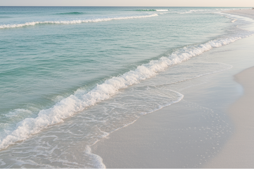 white sandy beach with waves and light blue skies